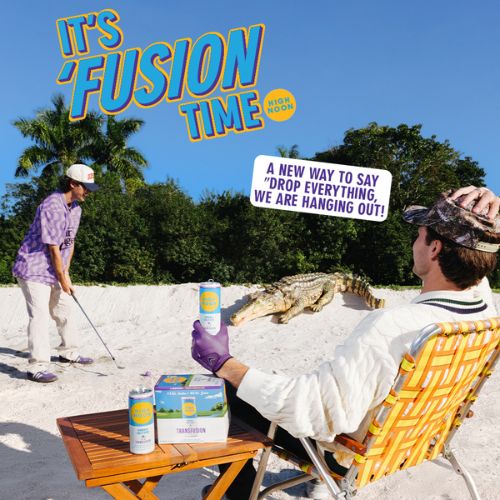 social post of High Noon Transfusion 6-pack on a sand golf course with two people, one playing golf and the other lounging with a can, with an alligator nearby and text reading “It’s Fusion Time”