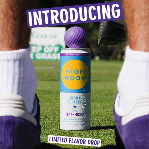 social post of High Noon Transfusion can on a golf course next to a purple golf ball, with text reading “Introducing” and “Limited Flavor Drop”