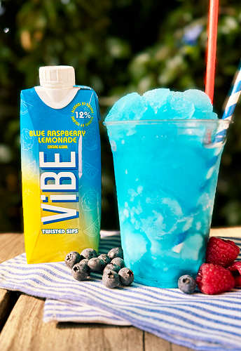 Blue Raspberry Lemonade Vibe next to a blue Vibe slushy