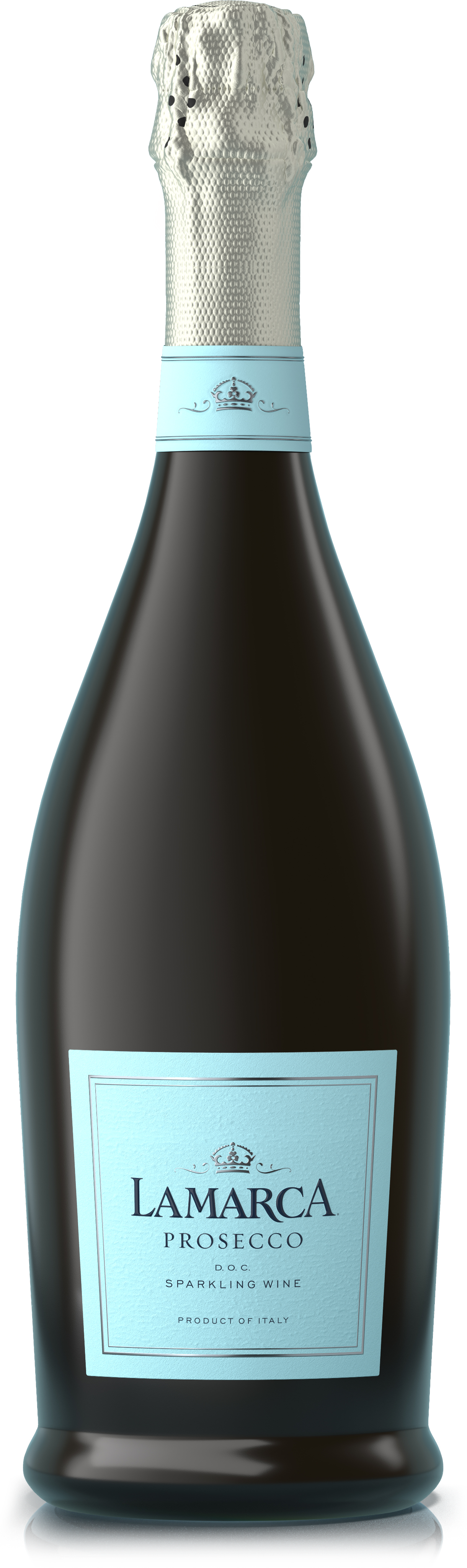 A bottle of La Marca Prosecco with its signature light blue label and silver foil top.