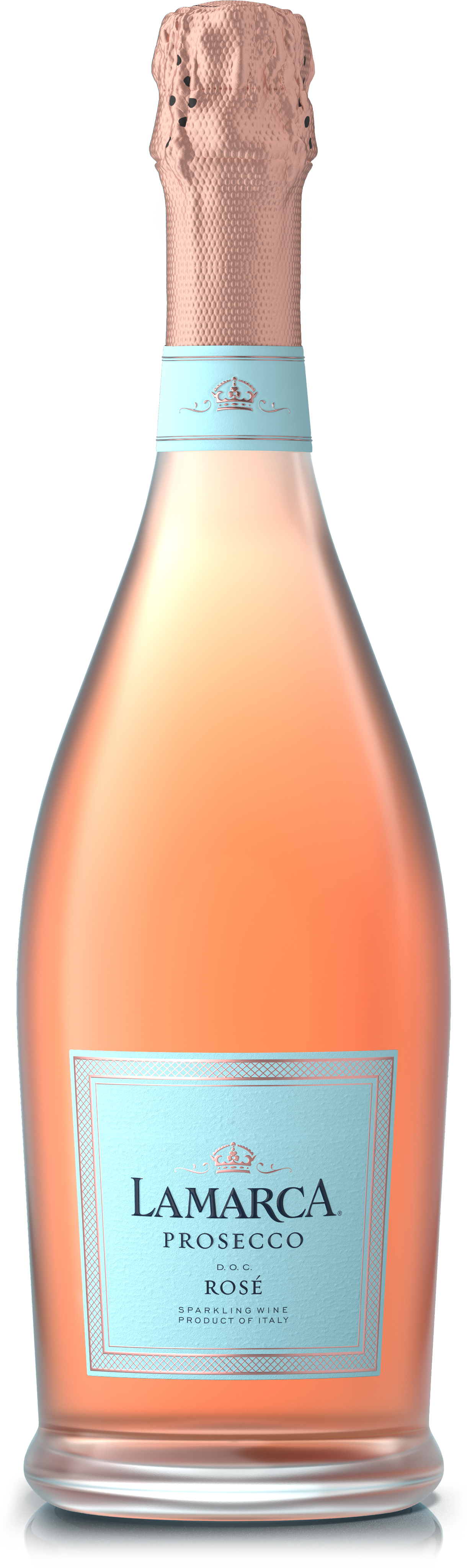 A bottle of La Marca Prosecco Rosé featuring a pink-hued sparkling wine and light blue label.
