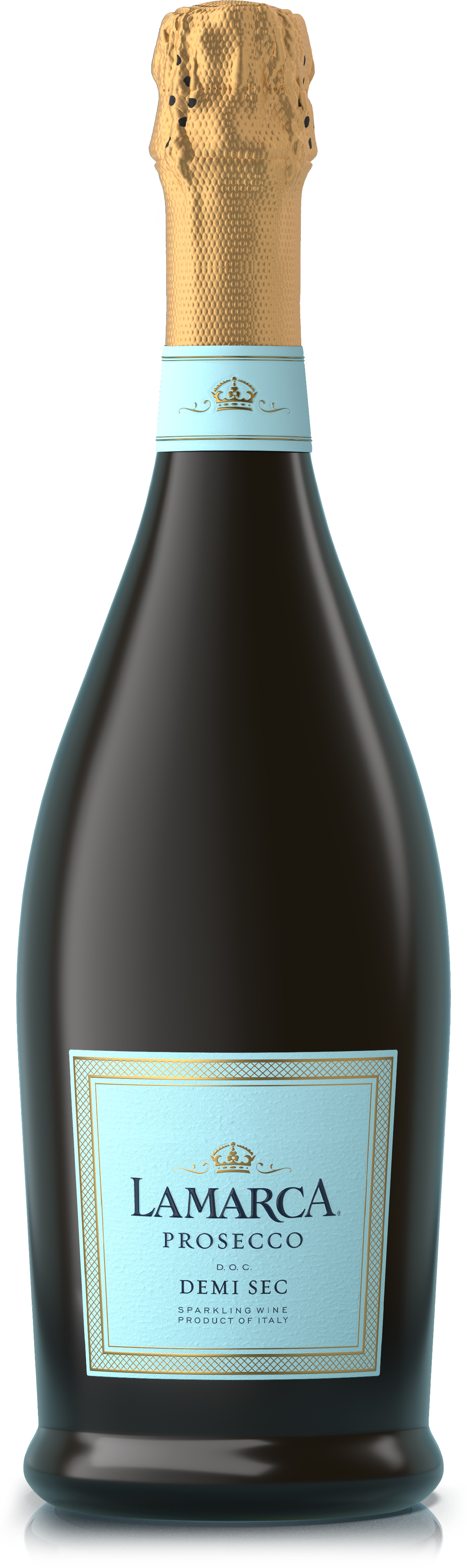 A bottle of La Marca Prosecco Demi Sec with a light blue label and gold foil top.